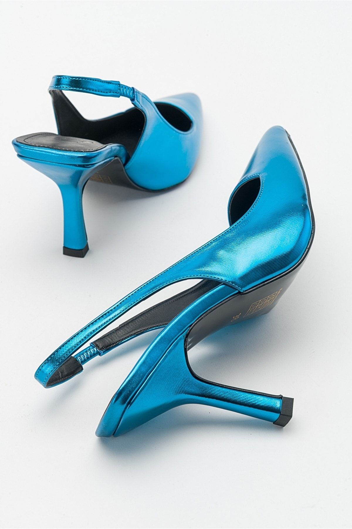 کفش پاشنه کلاسیک آبی زنانه فلزی اورجینال luvishoes