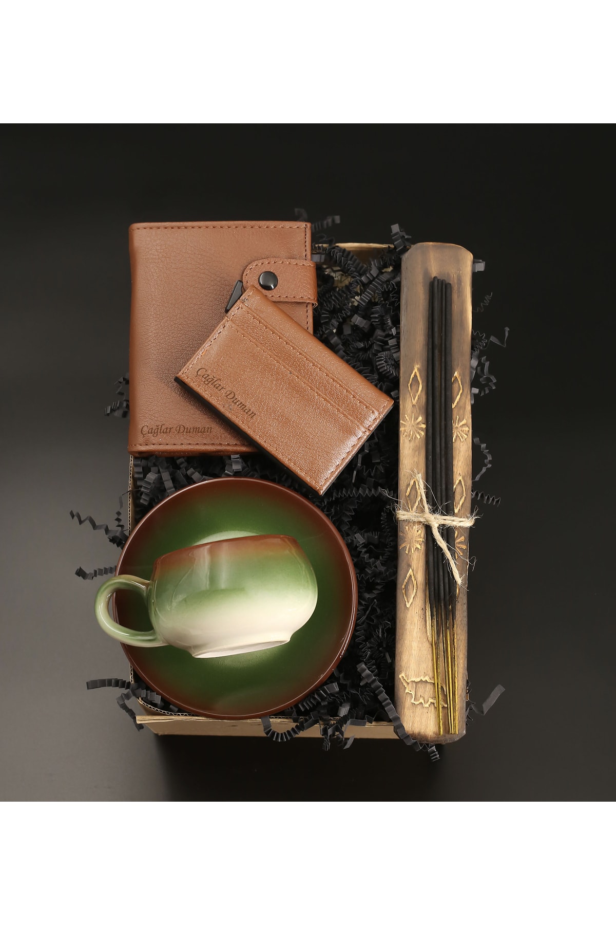 Personalized Men's Wallet & Personalized Card Holder & Vintage Cup & Incense Plate & Incense Gift Set