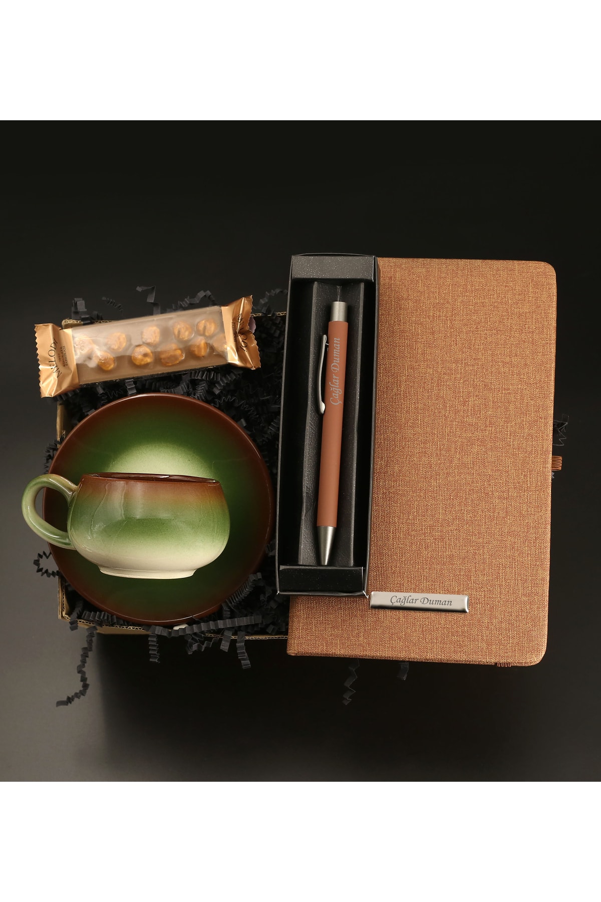 Personalized Tan Notebook & Personalized Ballpoint Pen & Vintage Cup & Melodi Chocolate Gift Set
