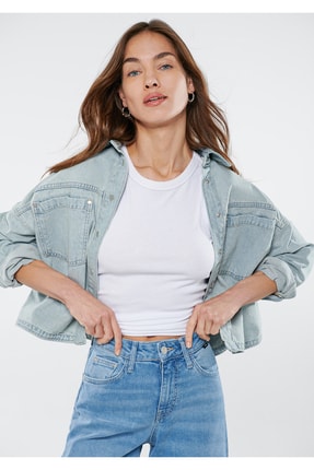 Mavi Pia Ağartılmış Jean G&ouml;mlek Crop / Kısa Kesim 1210246-84202
