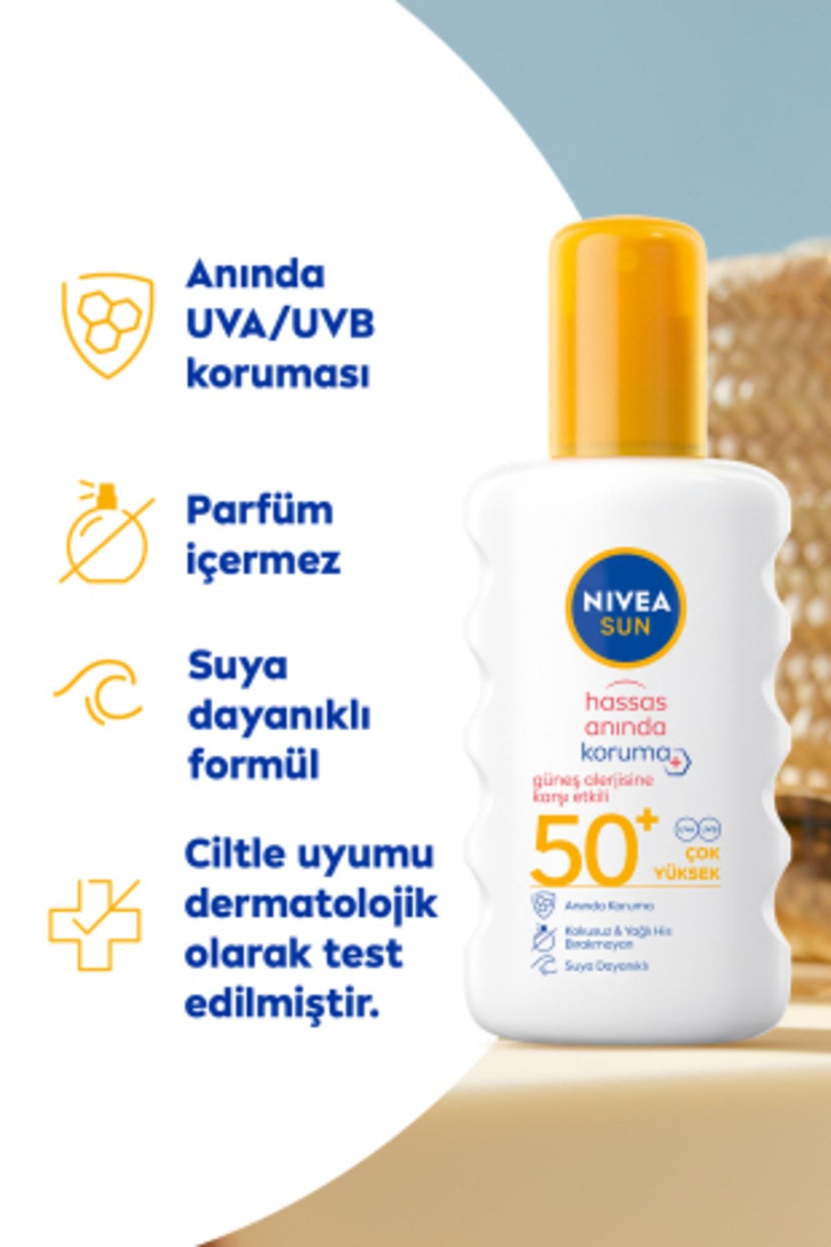 NIVEA کرم ضد آلرژی آفتاب SPF 50+ حساسیت از نور آفتاب محافظت از نور آفتاب 200 میلی لیتر اسپری، هدیه کیف ساحلی