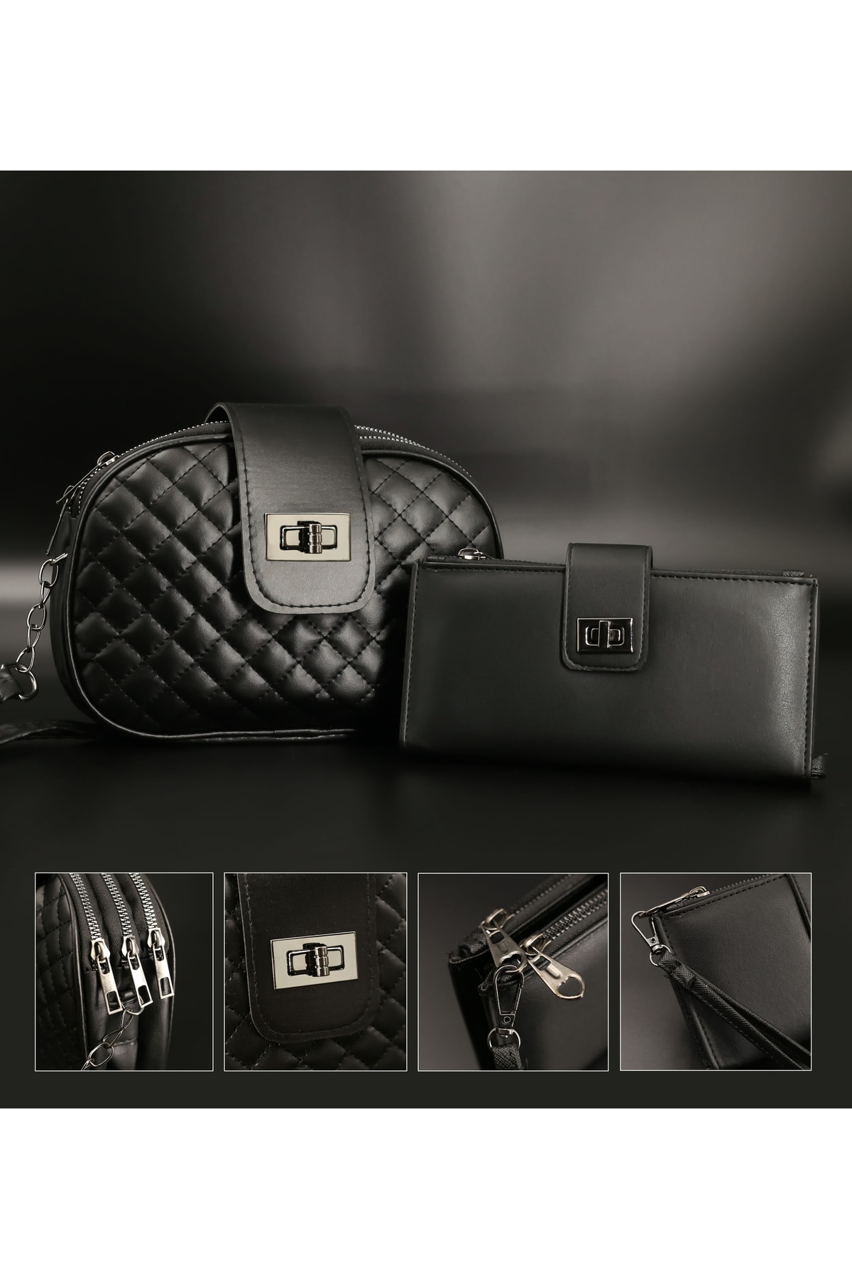 Quilted Model Black Bag & Portfolio Black Wallet Gift Set