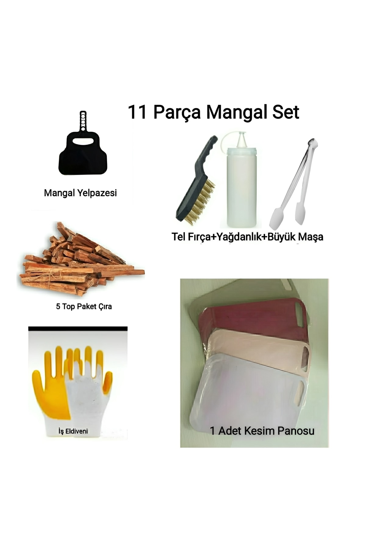 11 Parça Barbekü Mangal Seti (tel Fırça+yelpaze+maşa+5 Paket Çıra, Yağdanlık, Kesim Panosu, Eldiven)