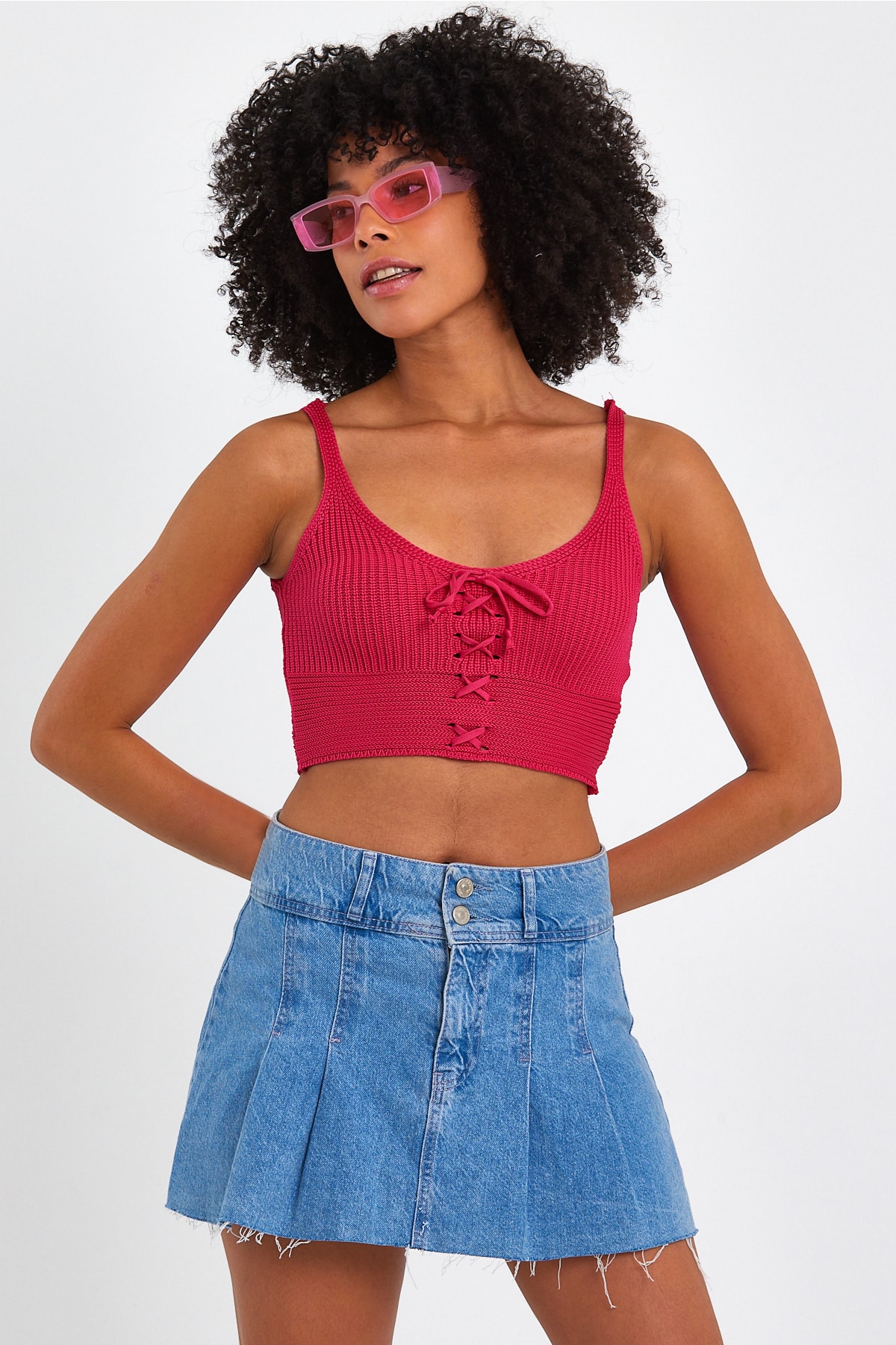 Kadın Çapraz Bağcıklı Triko Crop Bluz - Fuşya