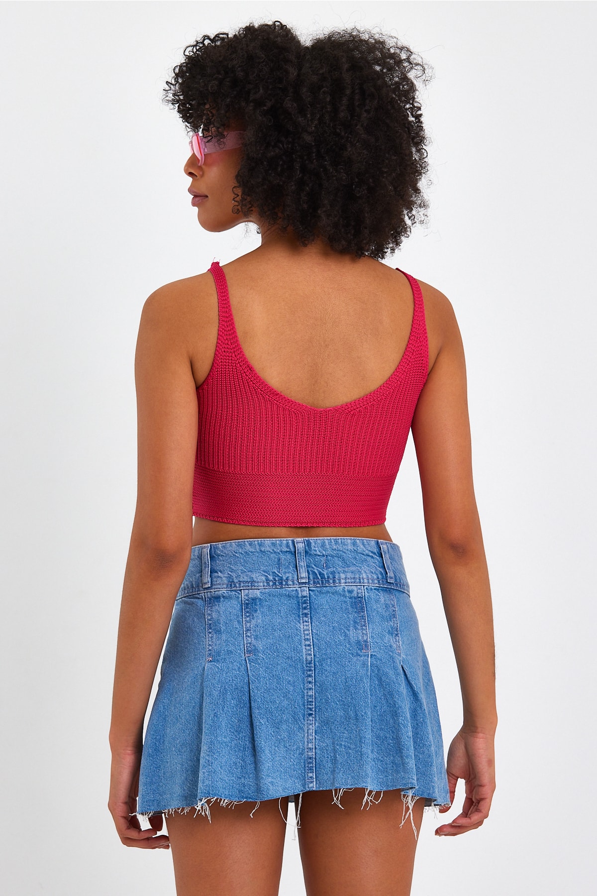Kadın Çapraz Bağcıklı Triko Crop Bluz - Fuşya