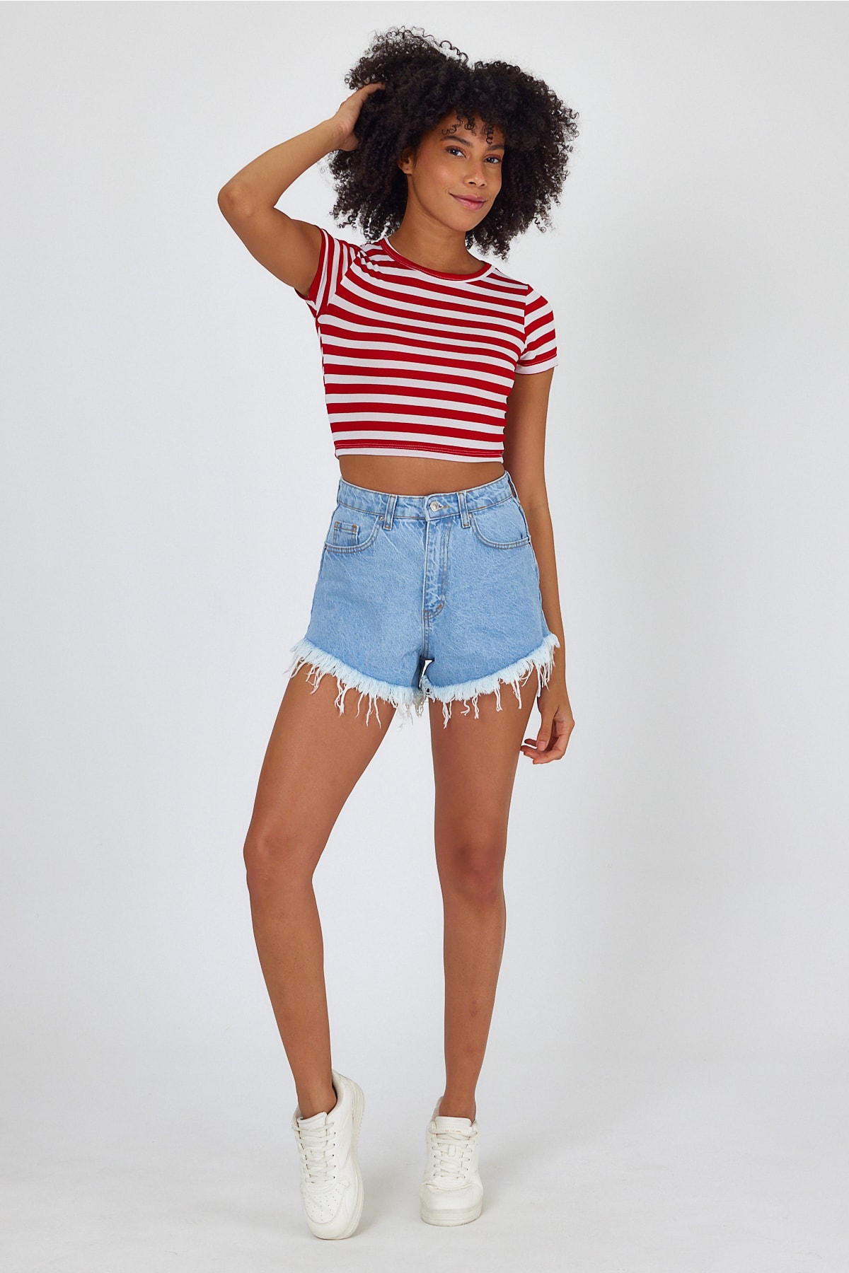 Kadın Çizgili Crop Tshirt - Kırmızı