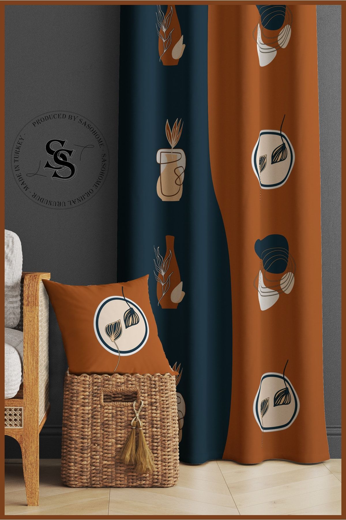 SasoHome Flori Suprarealiste Albastru Bleumarin Portocaliu Cu Model 140 X 270 Cm Calitate - Perdea De Fundal Imprimata Digital - 140 x 270