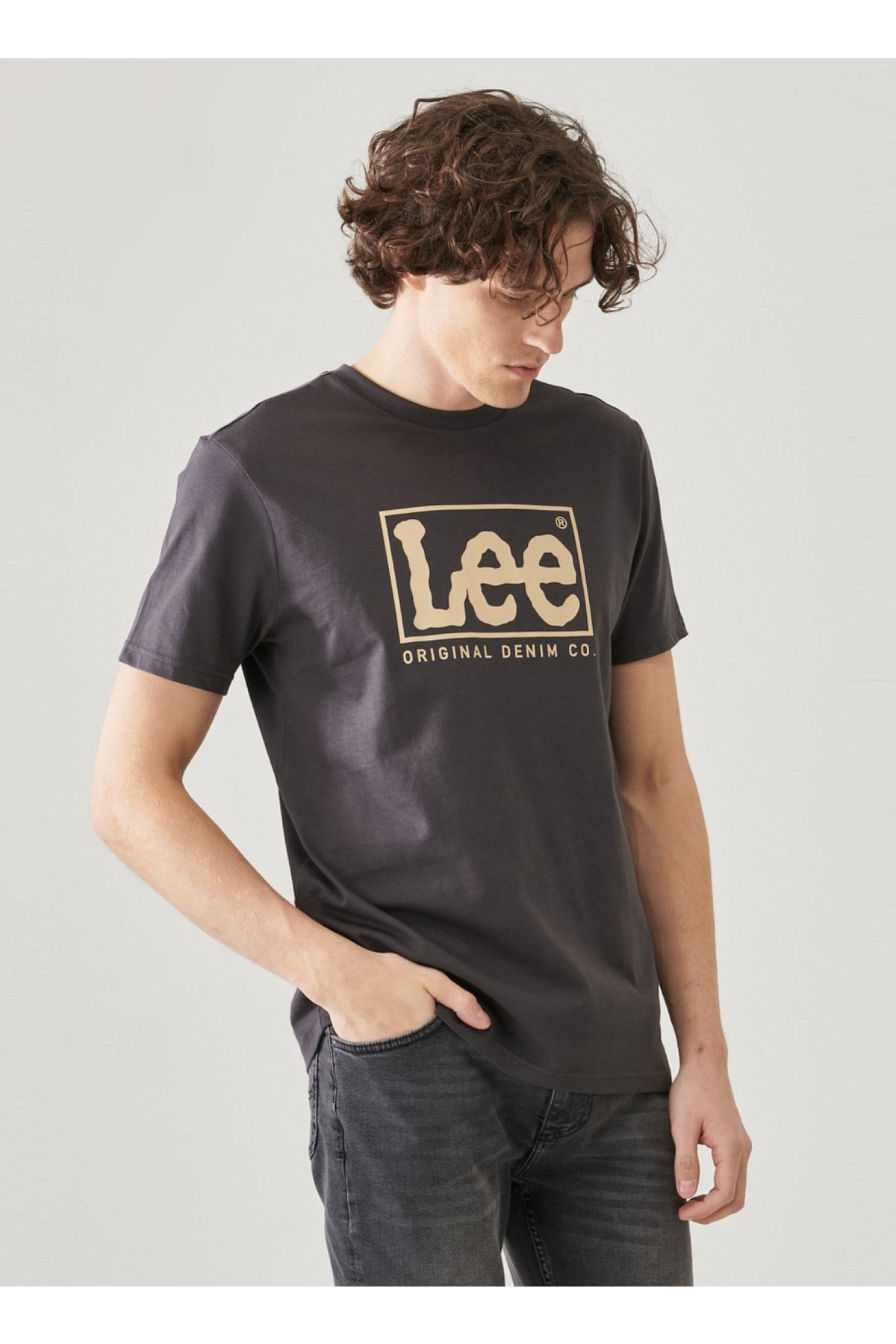 تی شرت خاکستری مردانه o یقه anthracit Lweight ss xm wobbly logo cneck tee Lee