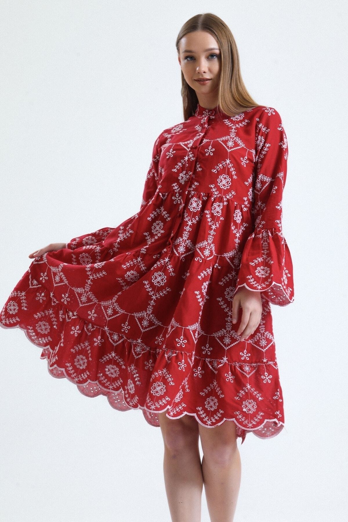 13475 Red High Collar Shift Dress