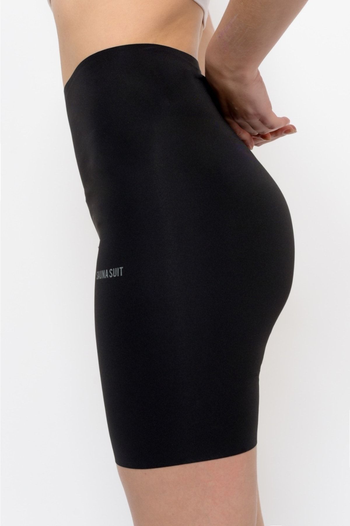 SAUNA SUIT-شورت مشد عالي الخصر يساعد على التخسيس ومرن مقطوع بالليزر محبوك باللون الأسود 8