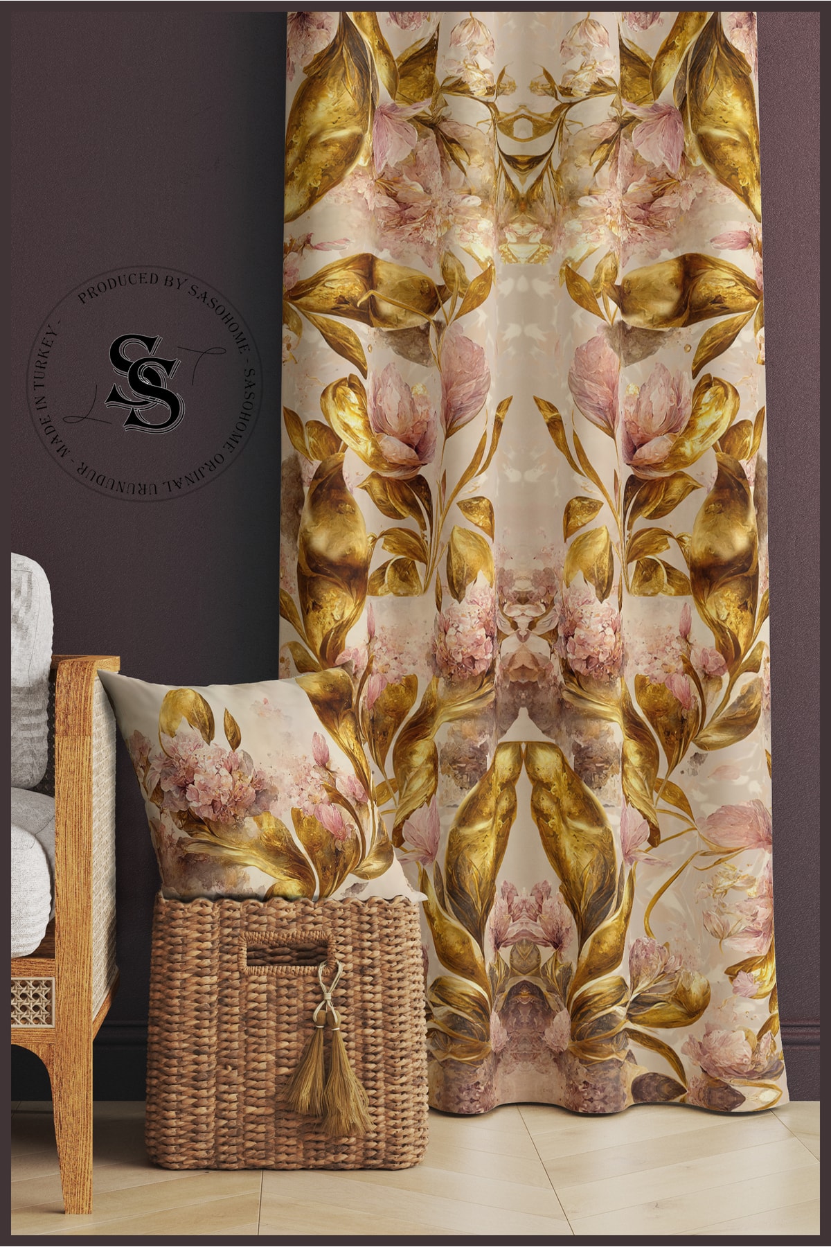 Cream Floor Gold Leaves Patterned Velvet 140 X 270 Cm Quality - Digital Printed Background Curtain