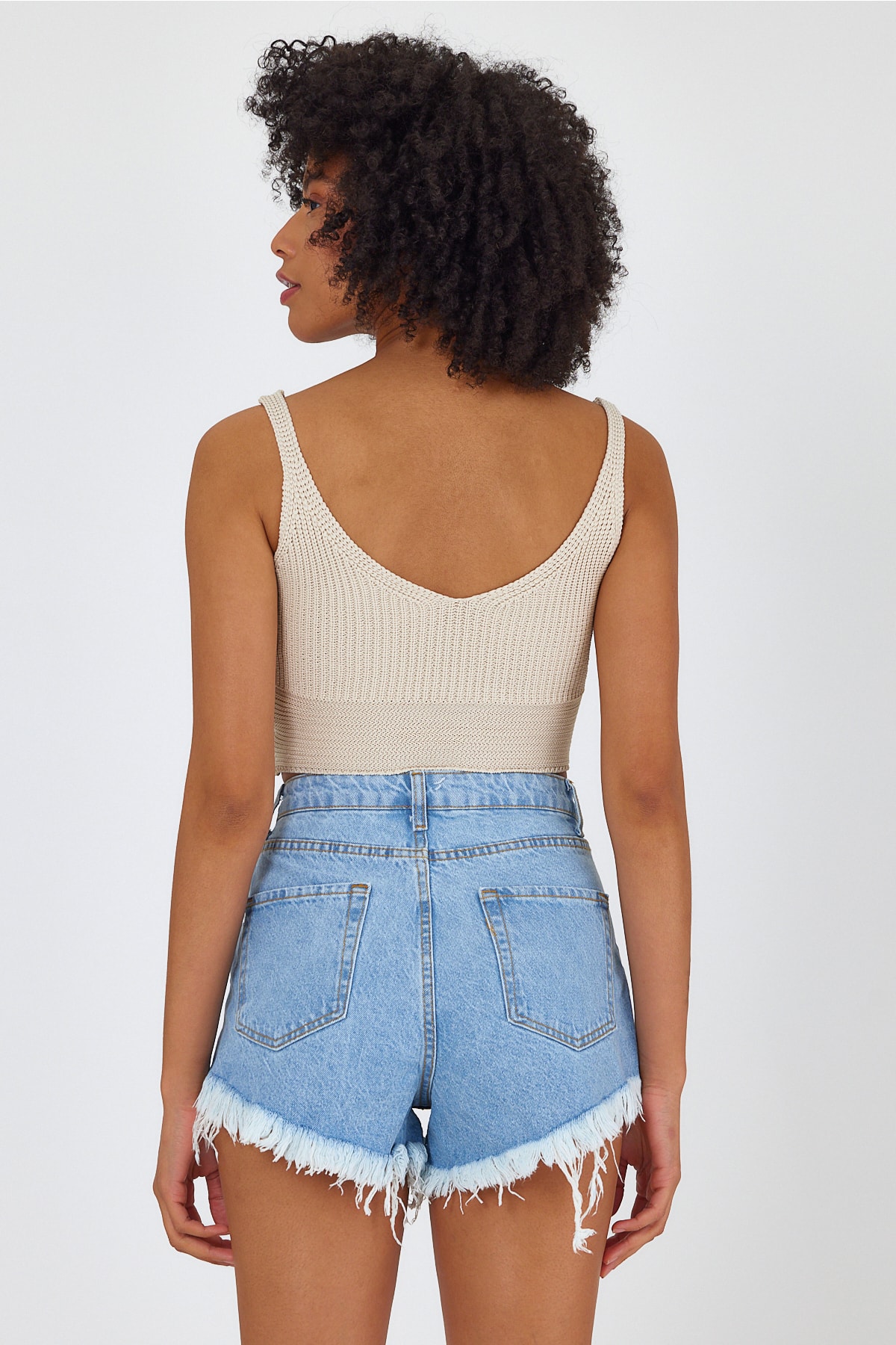 Kadın Çapraz Bağcıklı Triko Crop Bluz - Bej