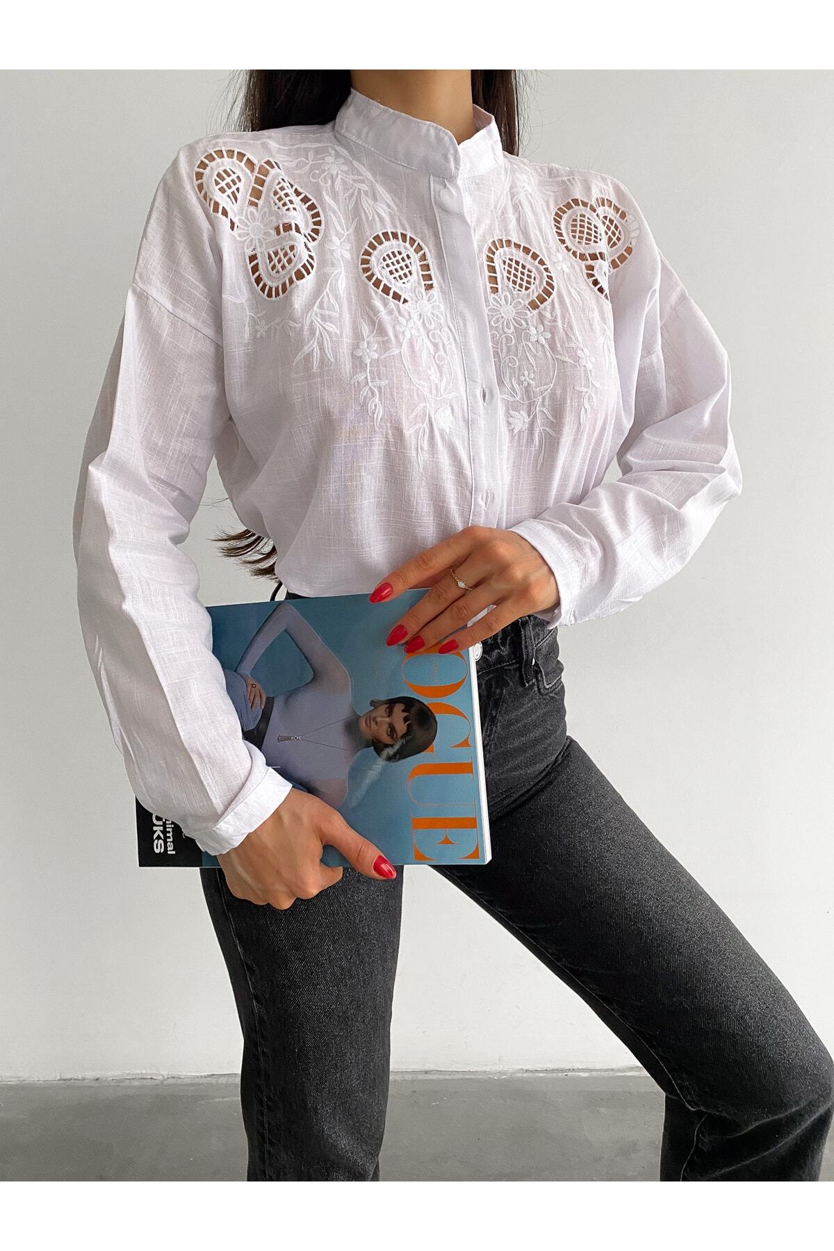laughs-Cămașă casual cu guler de damă cu mânecă lungă festonată cu aspect de in Gm4457 3