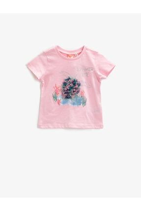 Kız Bebek Pembe Kısa Kollu Simli Baskılı Pamuklu T-Shirt 1YMG19205OK