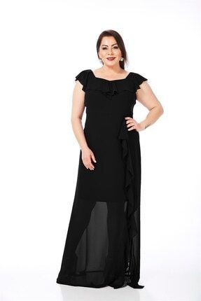 Kadın Büyük Beden Siyah Renkli Fırfırlı Şifon Elbise 9305-55