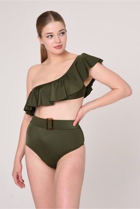 Kadın Haki Yeşil Yüksek Bel Tek Omuz Kemerli Bikini Takımı 300020004