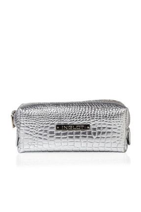 Makyaj Çantası - Cosmetic Bag Crocodile Leather Pattern Silver Small R24393 5907587113282