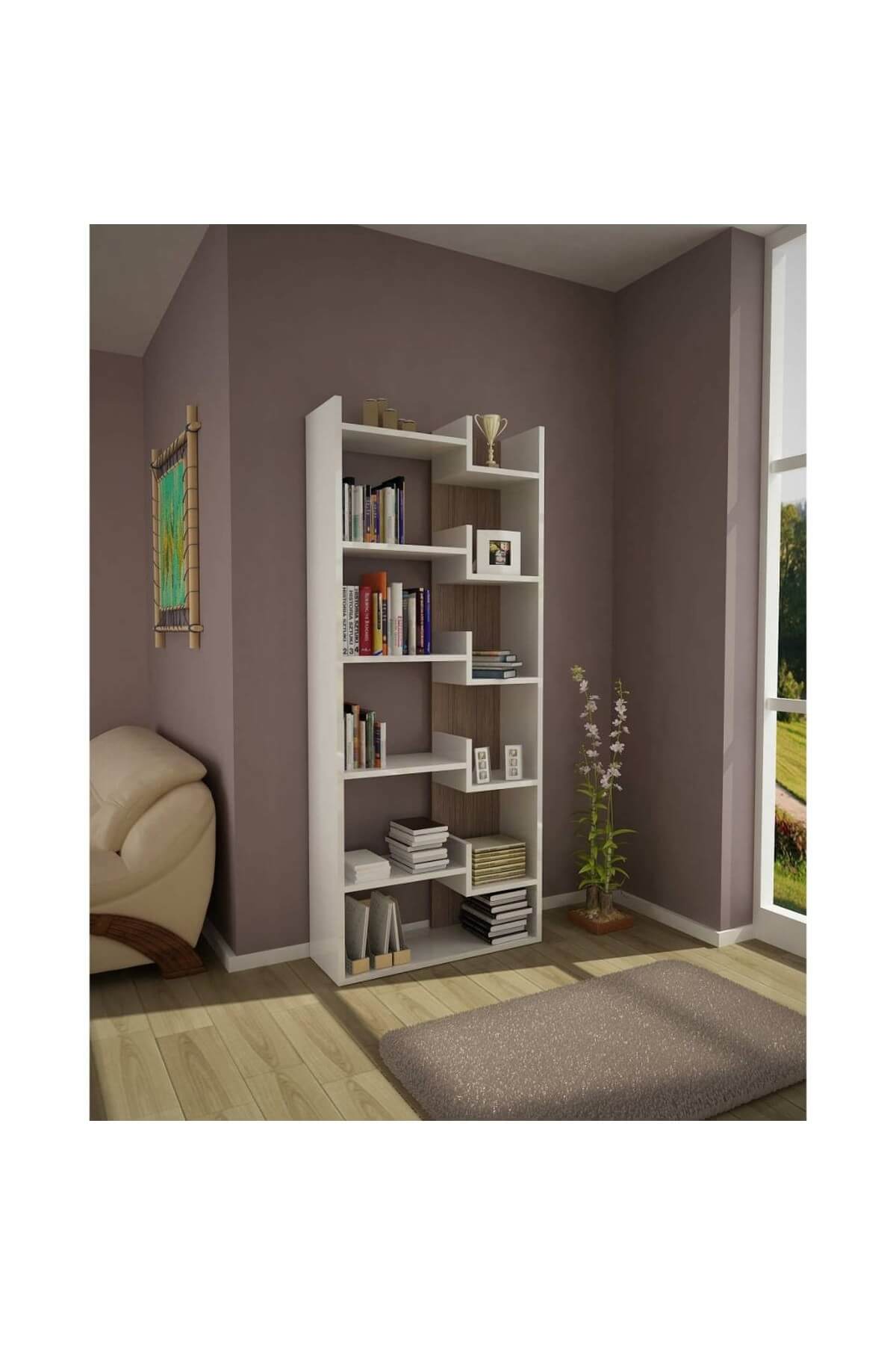 Rani Mobilya K3 Tasarım Kitaplık 6 Raflı Beyaz Ceviz Ev Ofis Kütüphane