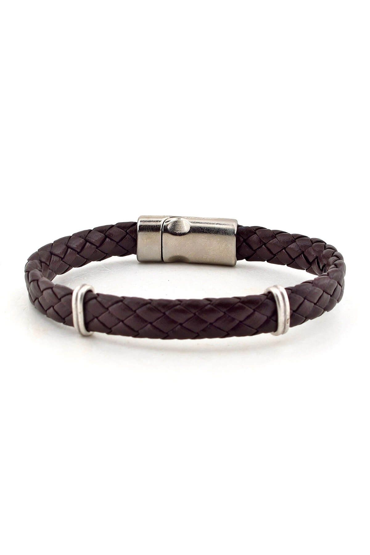 Solfera-Men's Brown Leather Magnetized Metal Bracelet BT320 1
