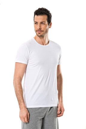 Erkek Beyaz O Yaka Kısa Kollu T-Shirt %95 Pamuk %5 Elestan 1331