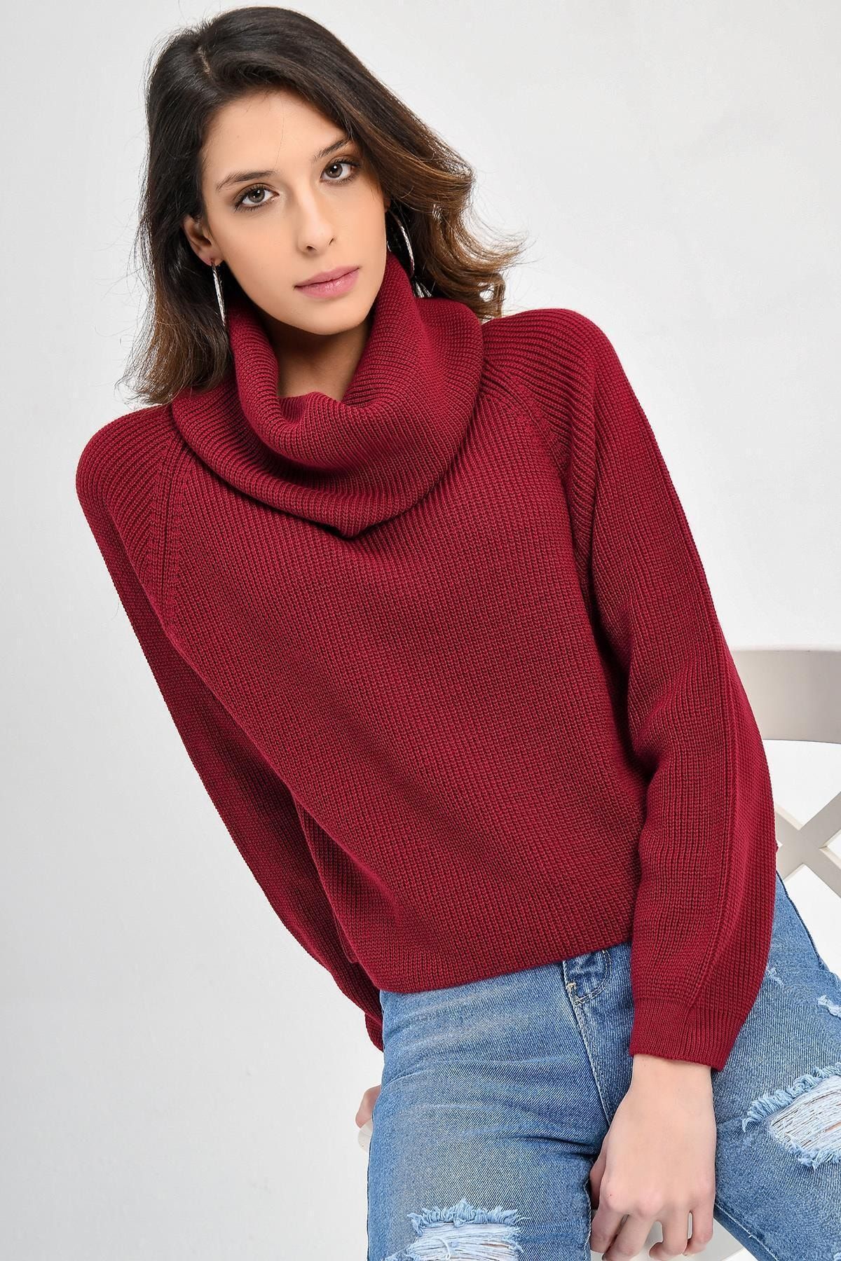 CHUBA Kadın Bordo Degaje Balıkçı Yaka Kısa Selanik Triko Kazak 20w106