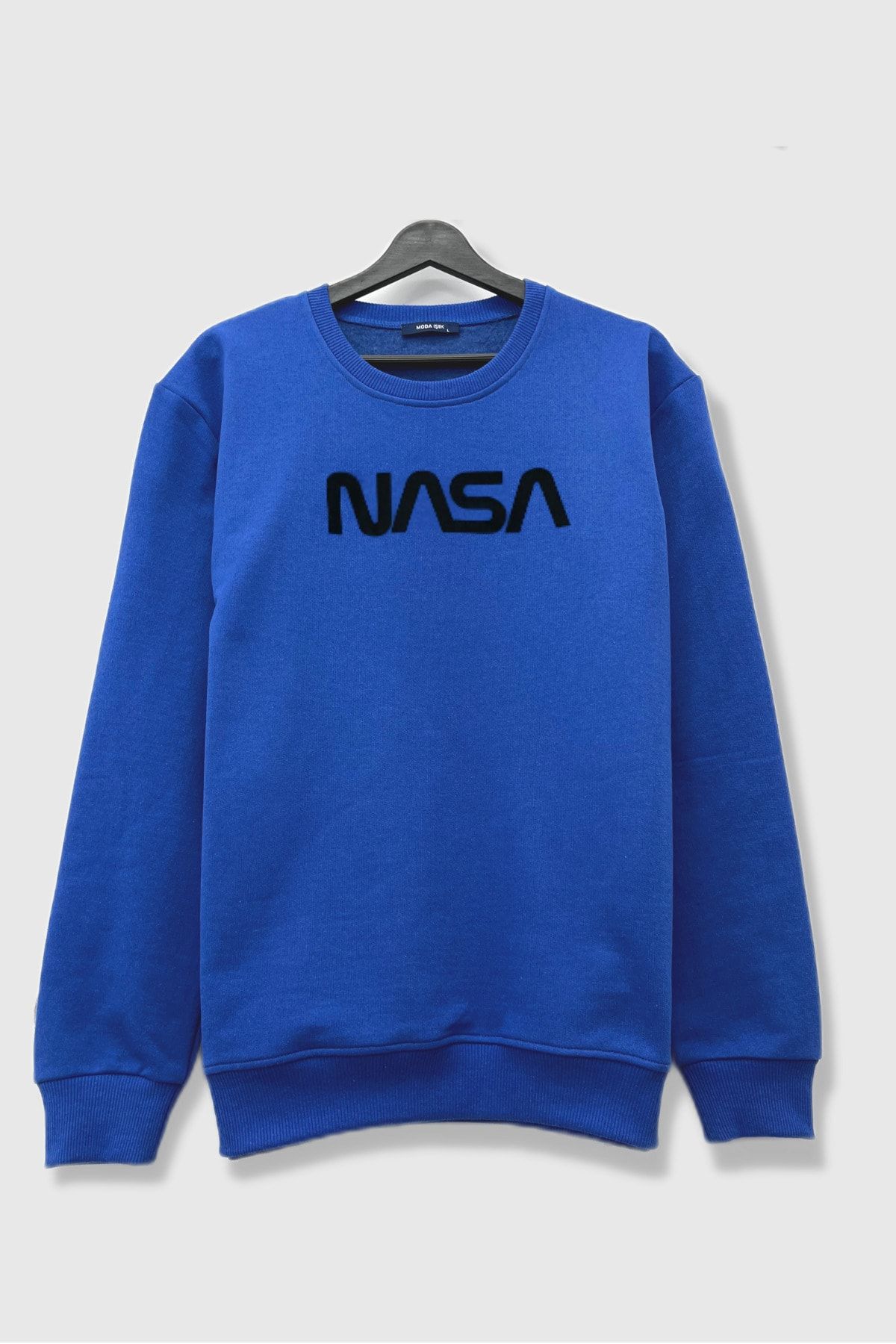 Moda I k Sweatshirt Saks Blue Black NASA Printed Crew Neck
