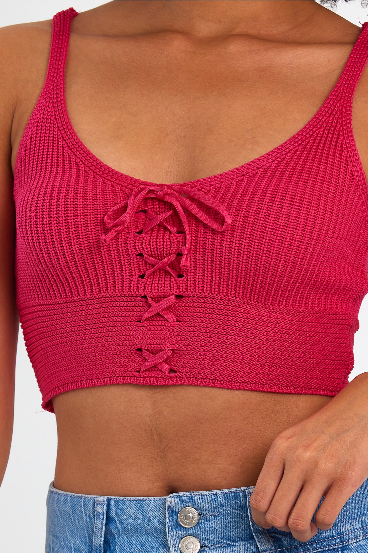 Kadın Çapraz Bağcıklı Triko Crop Bluz - Fuşya
