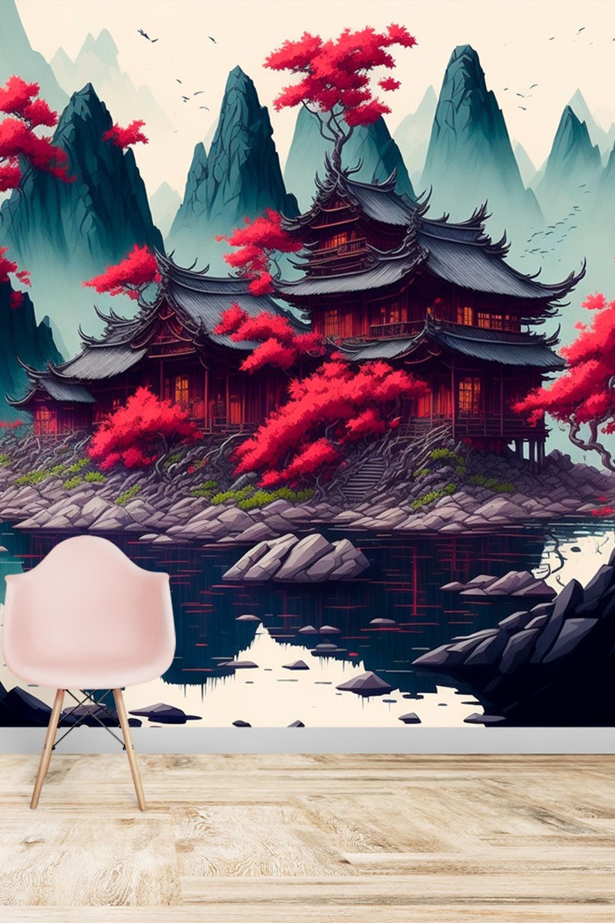 Dekoros-Chinese Hutches And Red Trees Scenery Wallpaper From Ancient 1