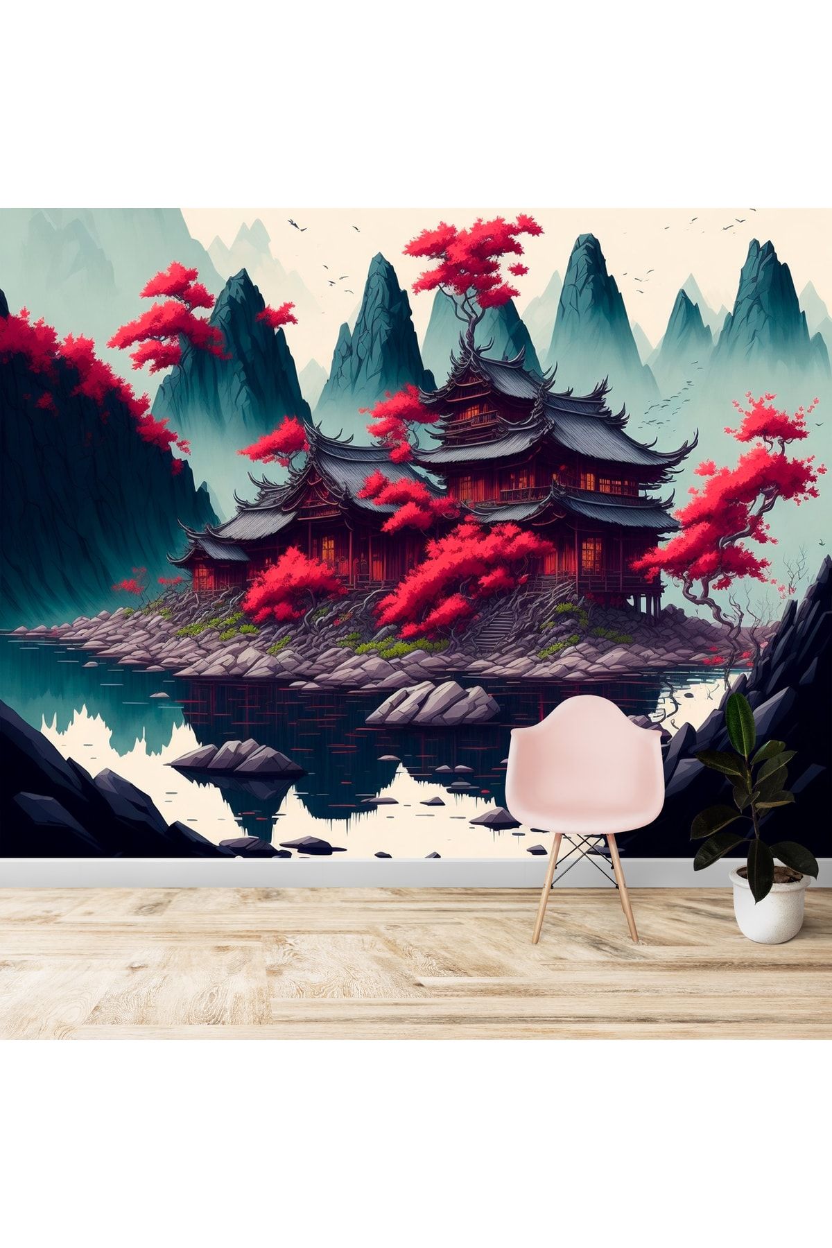 Dekoros-Chinese Hutches And Red Trees Scenery Wallpaper From Ancient 4