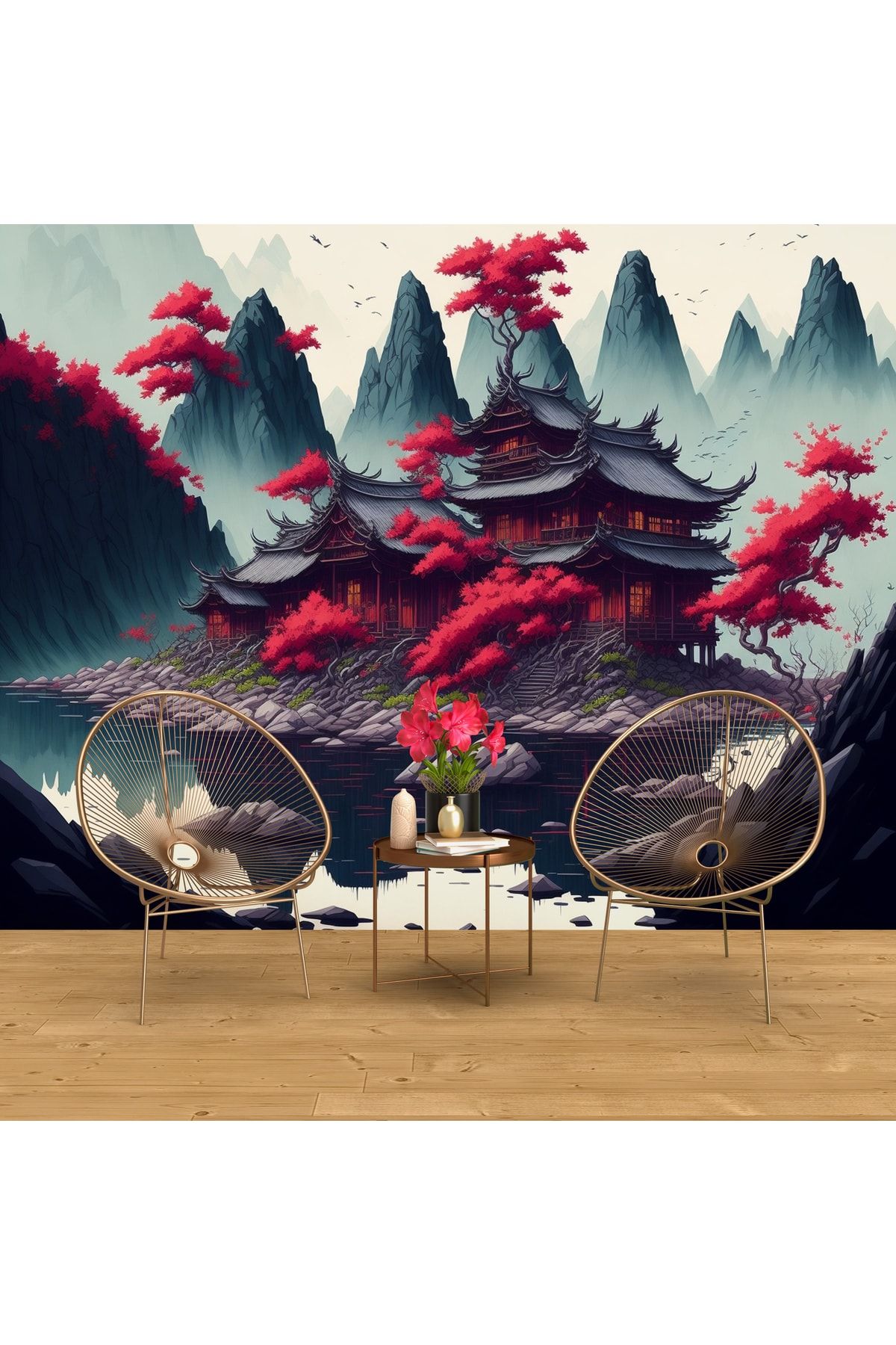Dekoros-Chinese Hutches And Red Trees Scenery Wallpaper From Ancient 6