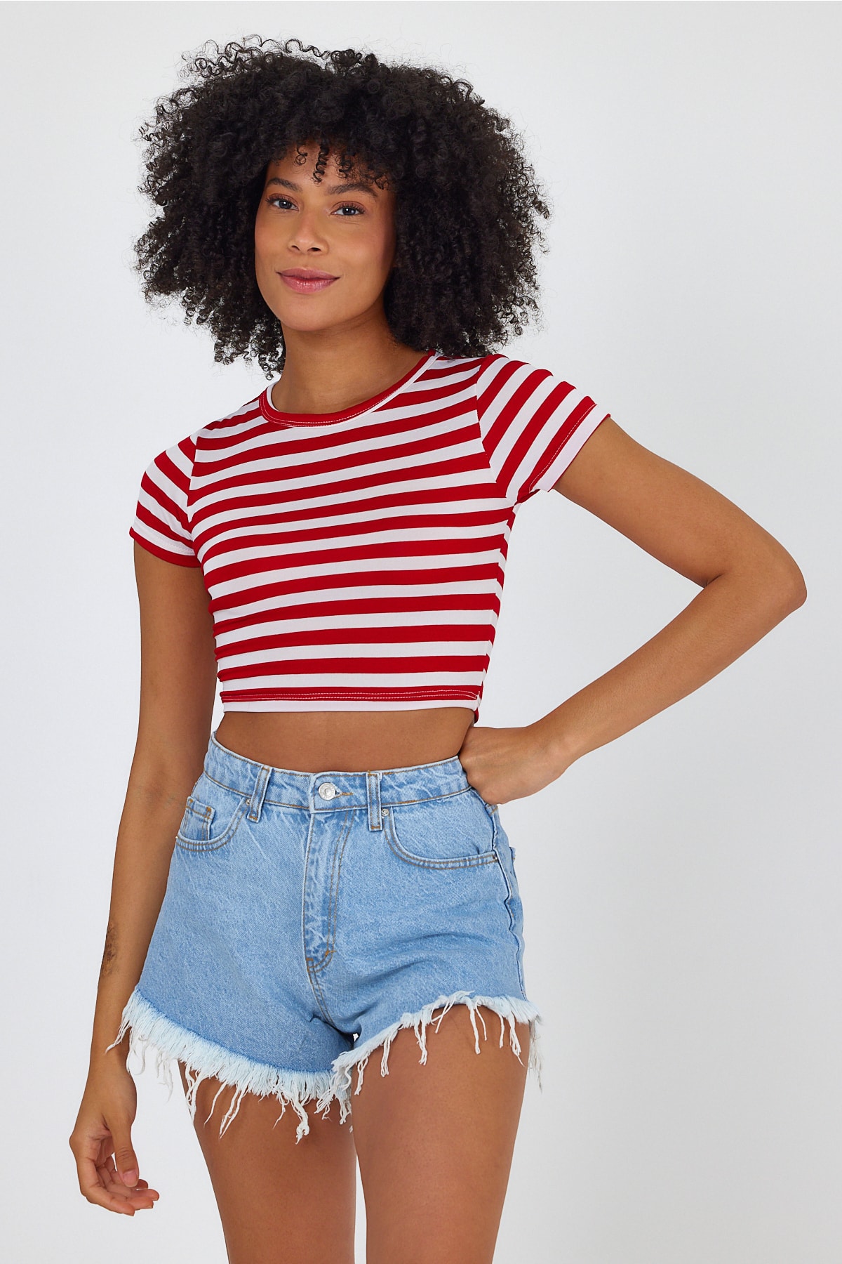 Kadın Çizgili Crop Tshirt - Kırmızı