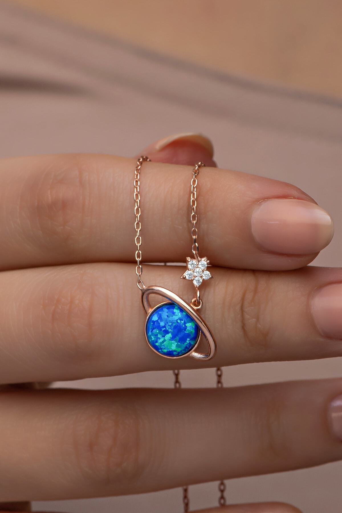 925 Ayar Gümüş Rose Kaplama Mavi Opal Taşlı Gezegen Kolye 2