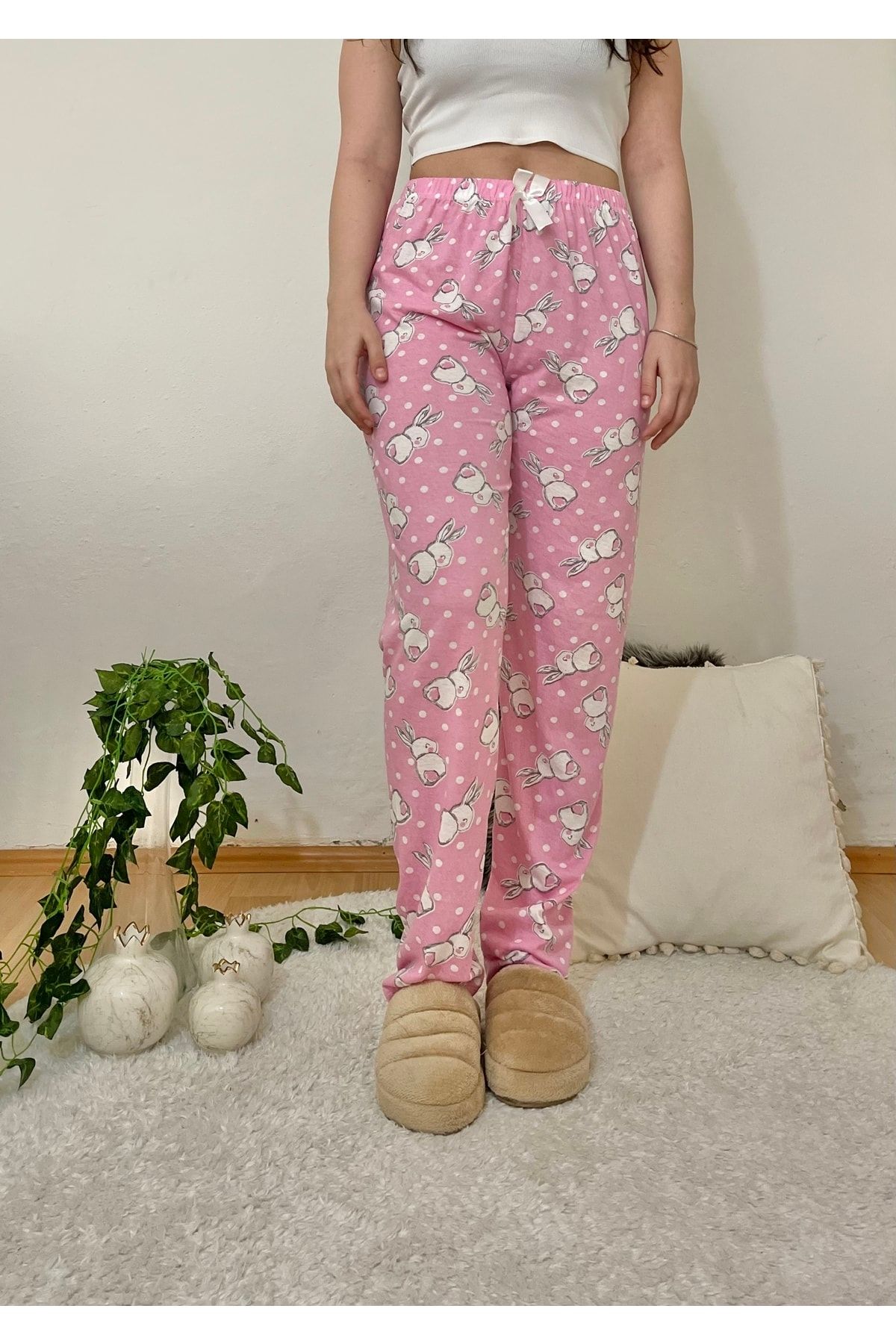 Betimoda Women's Pajama Bottoms Large Rabbit Pink with Ribbon - Trendyol