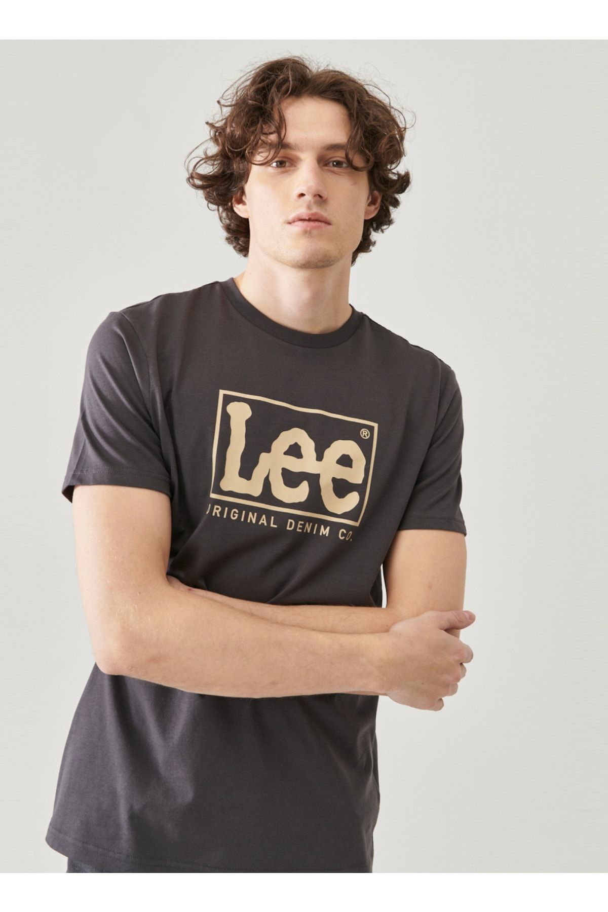 تی شرت خاکستری مردانه o یقه anthracit Lweight ss xm wobbly logo cneck tee Lee
