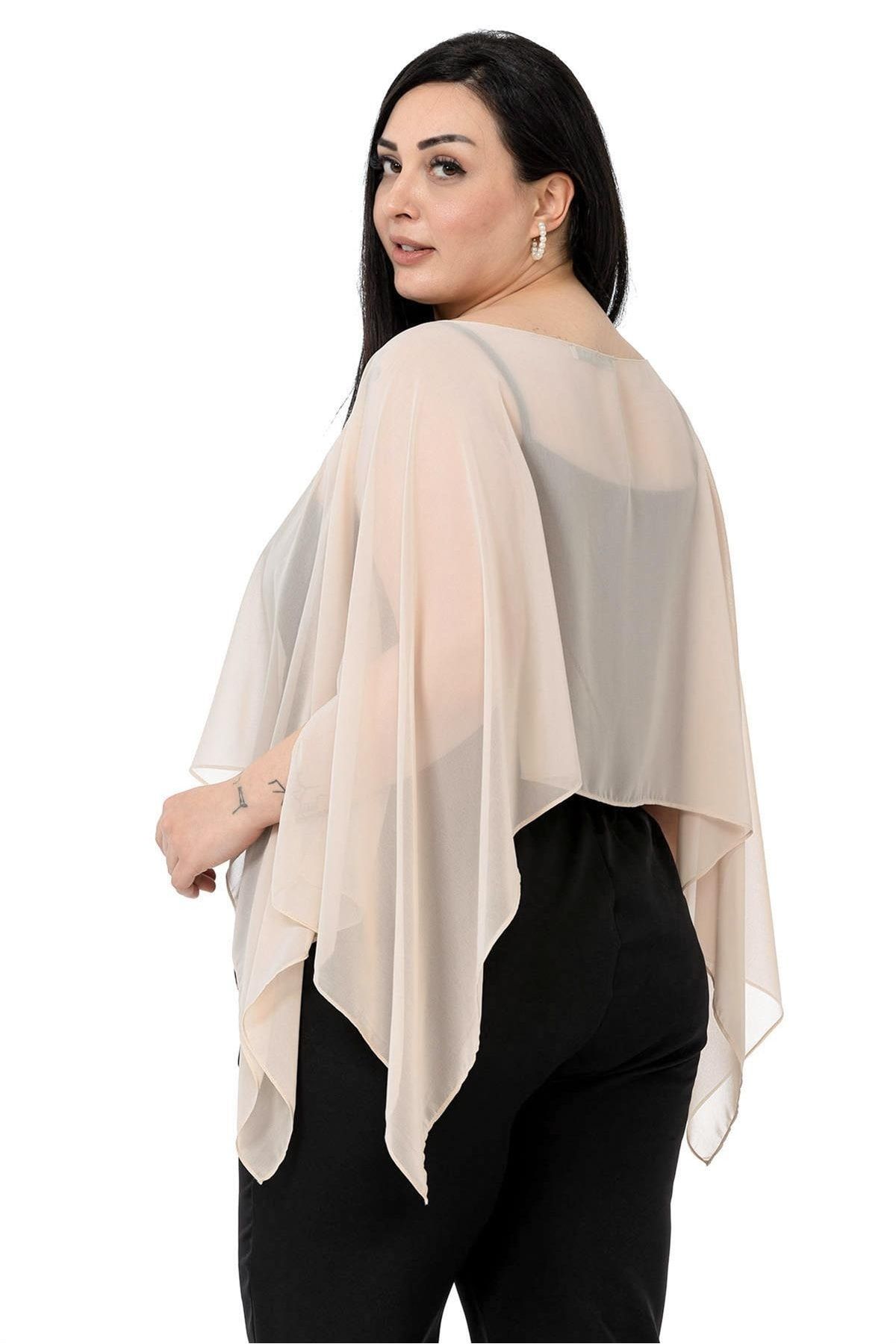 DISENTIS MODEST-Plus Size Asymmetric Cut Chiffon Beige Cape Bolero 3
