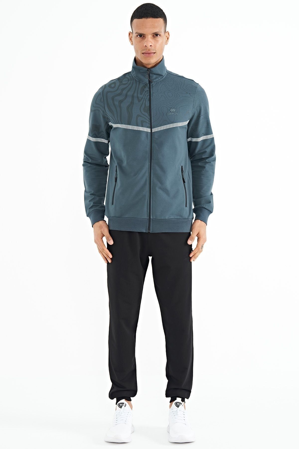 Tommy Life Forest Green Black Print Detailed Stand Up Collar