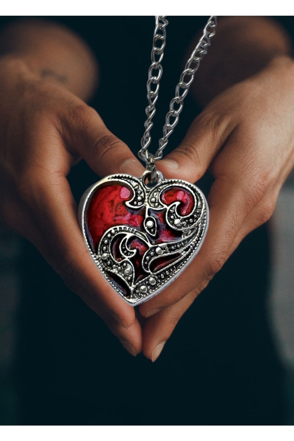 Shopiolog Red Heart Silver Plated Necklace Red Stone Heart Trendyol