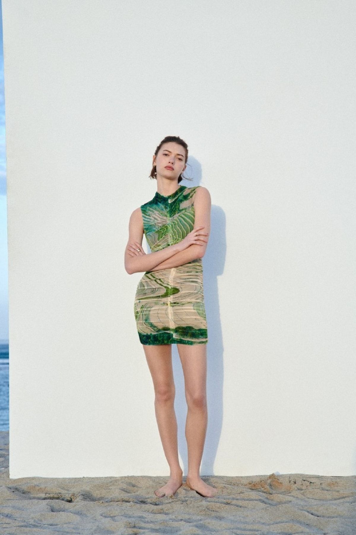 S&A Collectionn-Rochie mini din tul pentru femei, cu guler în picioare, drapată în față, cu modele multiple, verde 7
