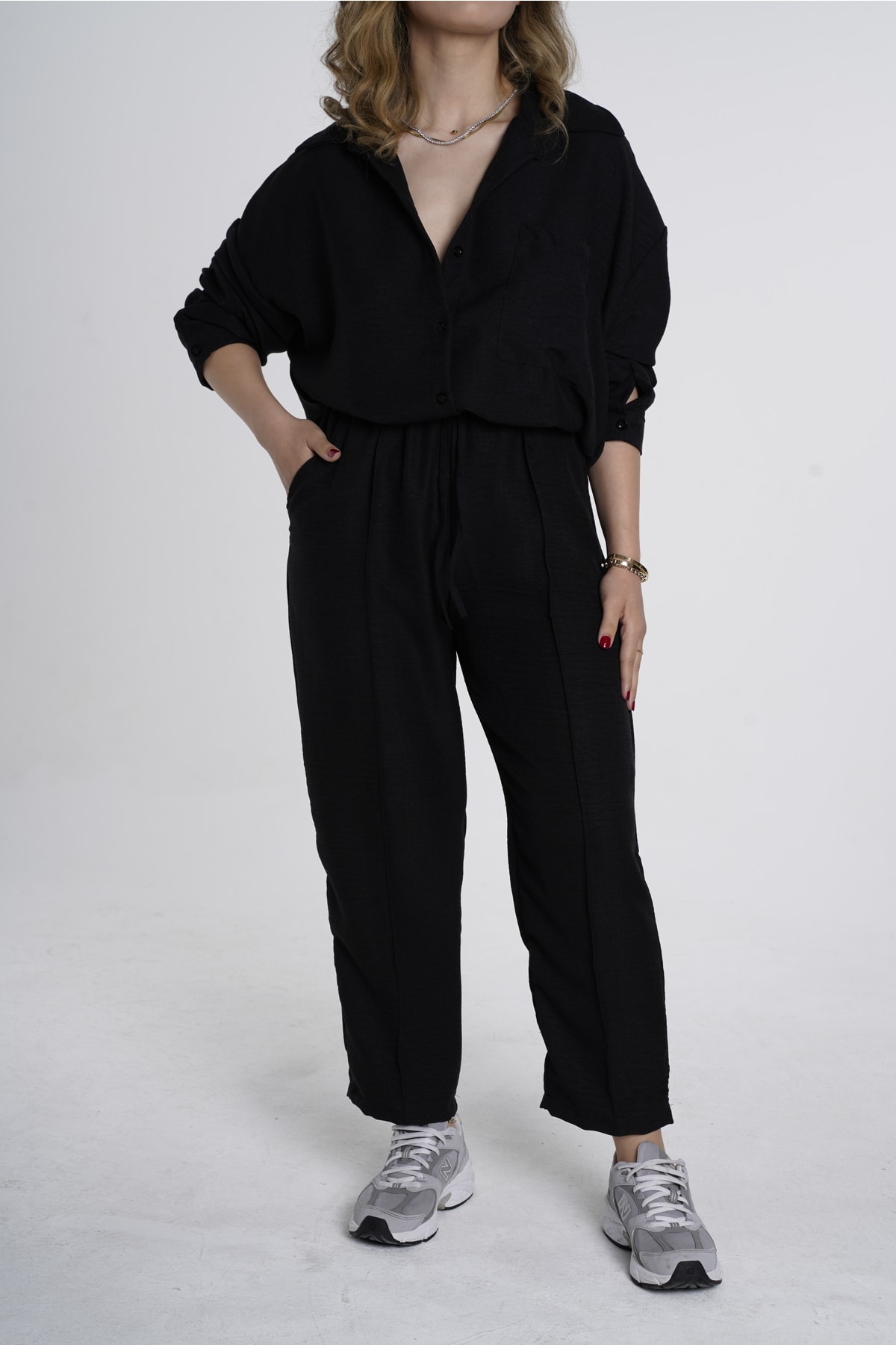 Ensemble oversize en lin pour femme noir Haut et Pantalon - Görsel 2