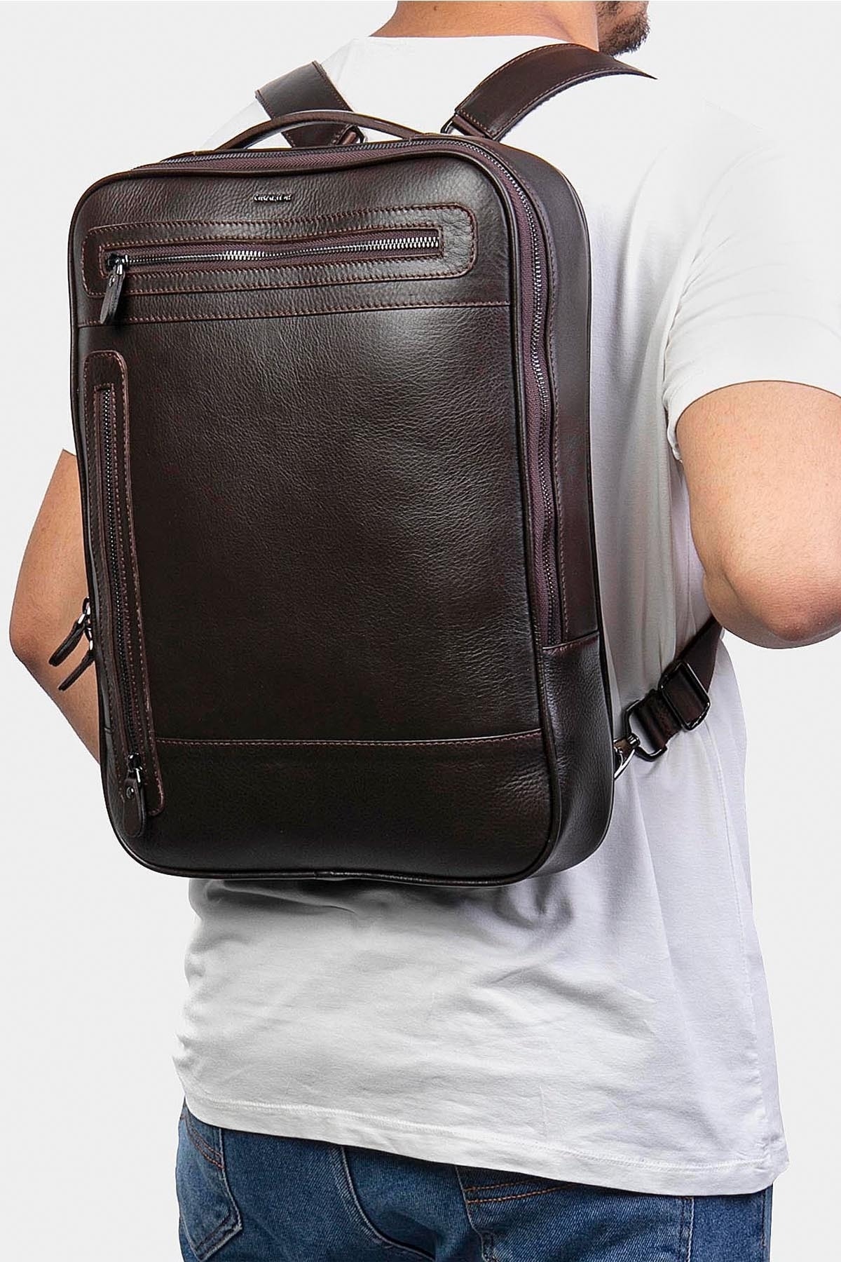  کیف و کوله پشتی چرم اصل 8003 با محفظه لپ تاپ، قهوه ای