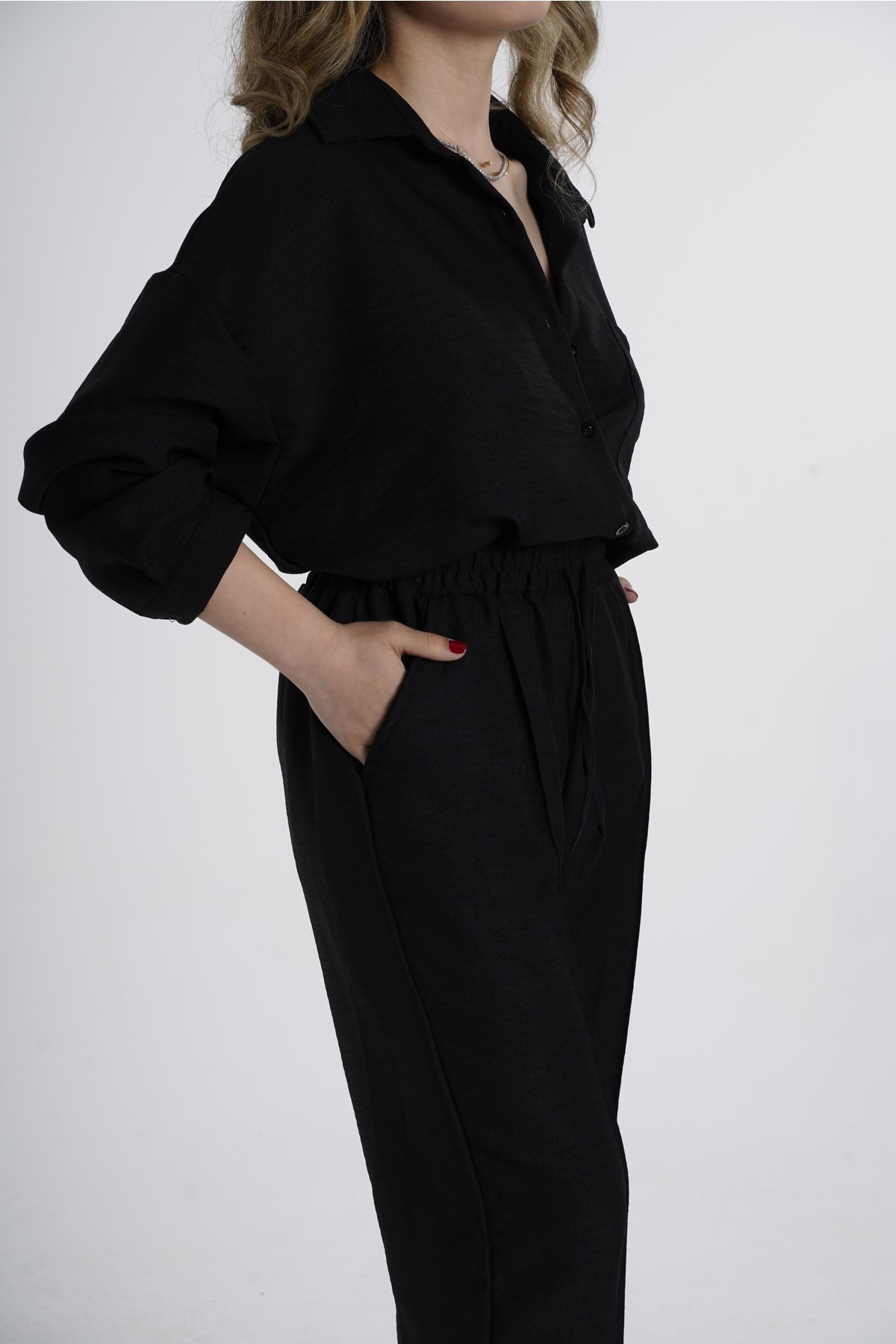 Ensemble oversize en lin pour femme noir Haut et Pantalon - Görsel 6