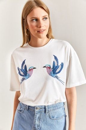 Bianco Lucci Kadın Kuş Desenli Penye Tshirt