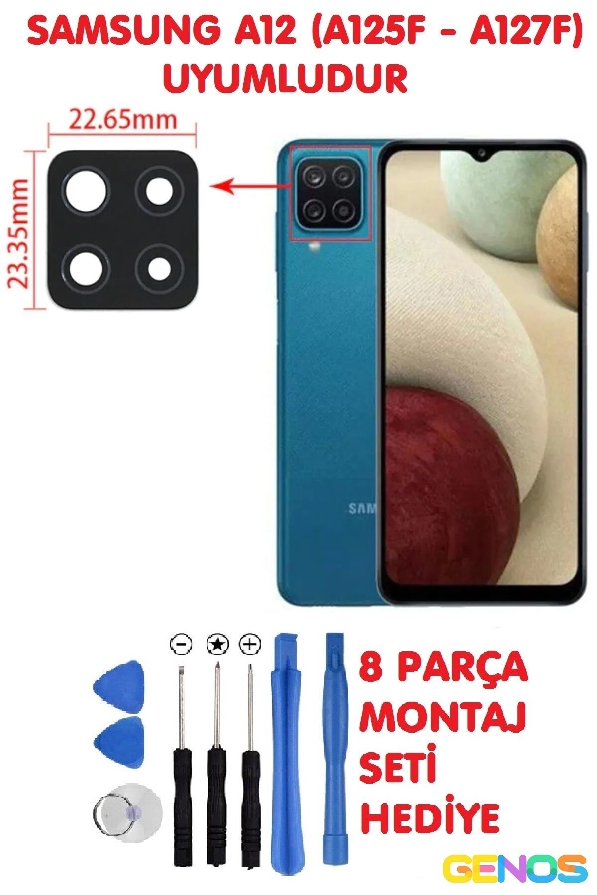 Genos Samsung Galaxy A12 (a125f - A127f) Arka Kamera Camı Kamera Camı Lensi + Montaj Set