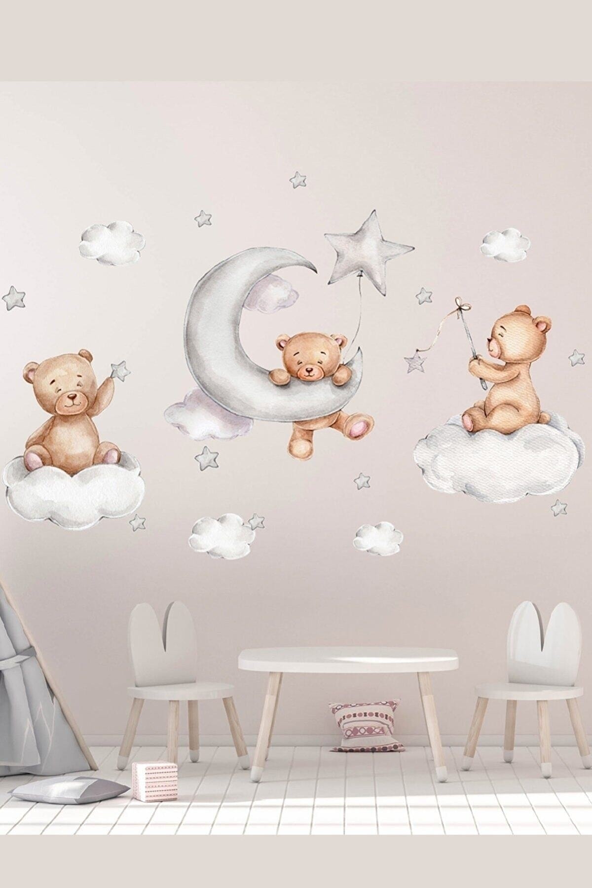 Sim Tasarım Sevimli Ayıcıkların Yıldızlarla Oyunu Duvar Sticker Seti