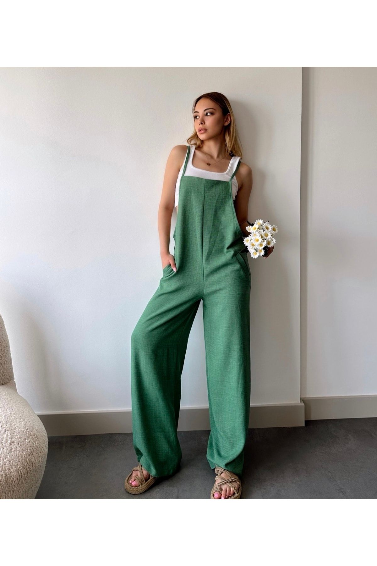 Green linen overalls online
