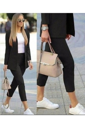 twomeey Kadın Siyah, Astarsız Orijinal Çekim Atlas Kumaş Ceket Pantolon Takım