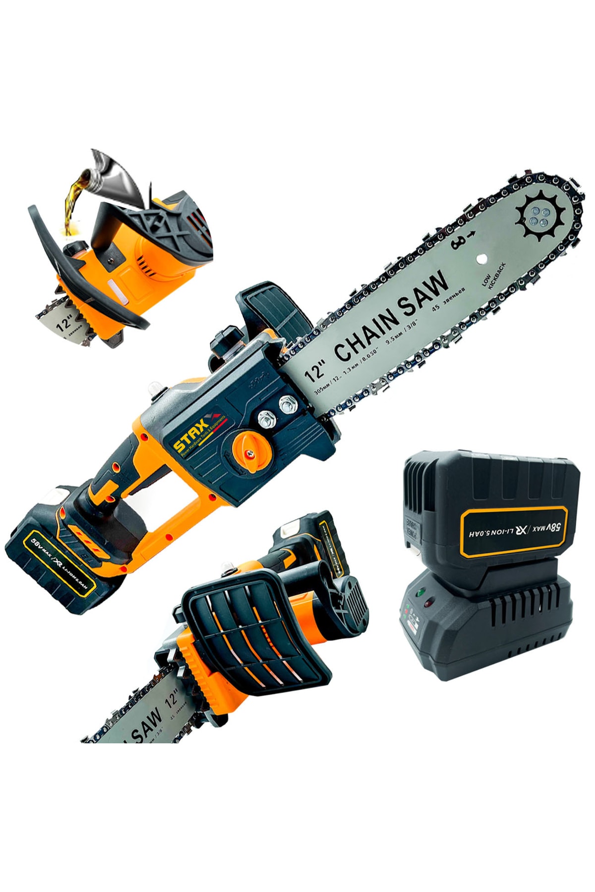STAXX POWER Yağ Pompalı X-metal Dişli 58v 5ah Çift Akülü Dal Kesme Budama Testere Bıçkı Makinesi 35 cm Palalı
