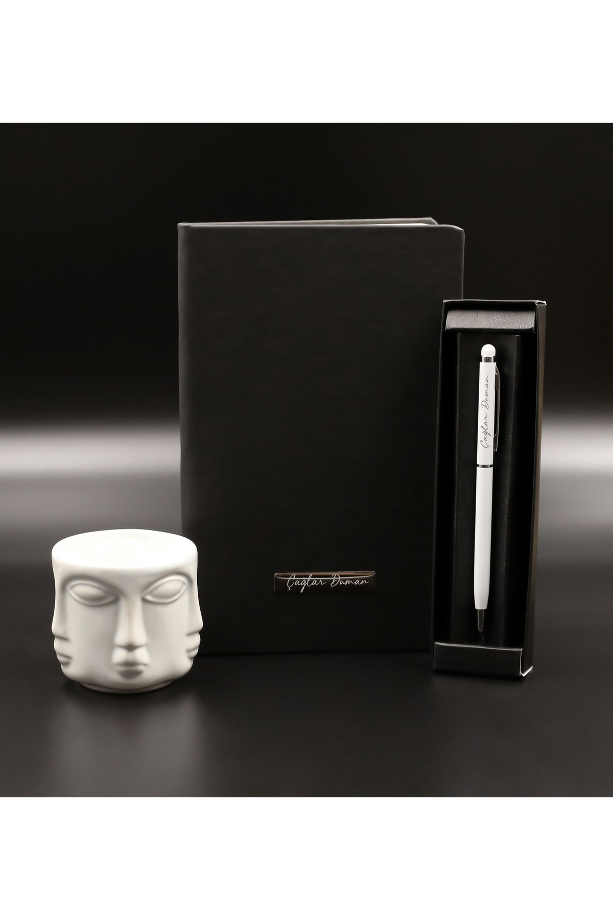 Father's Day Personalized Black Notebook & Personalized Metal Touchpen Pen & Adler Cup Gift Set