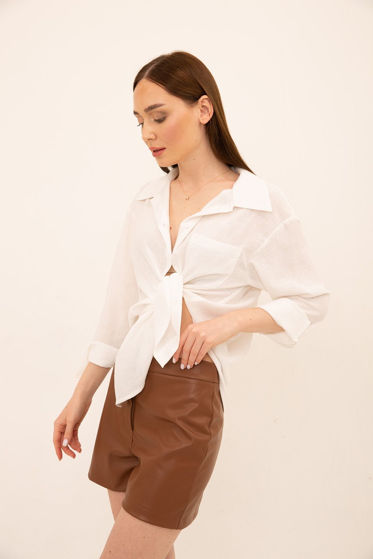 Laranor-Pantaloni scurți maro din piele artificială 5