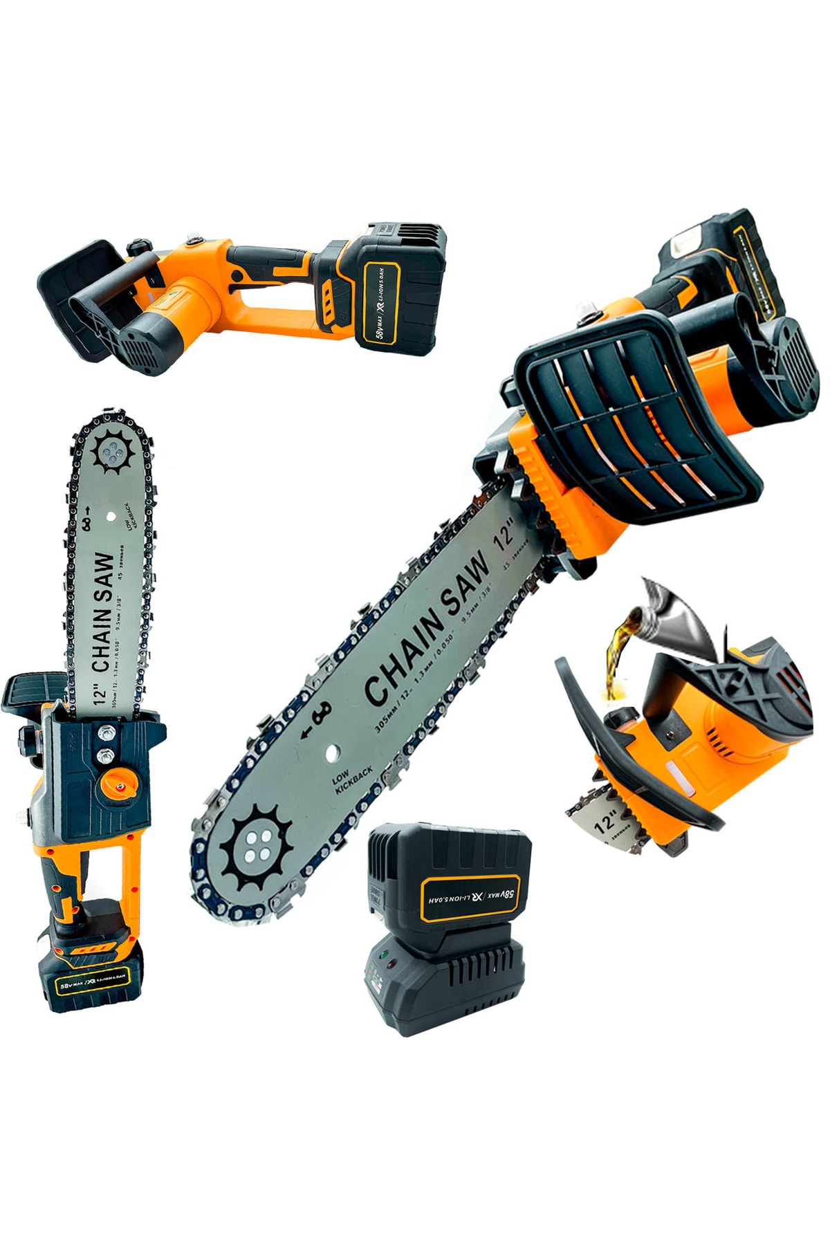 DEKO Turkey Metal Dişli System Kömürsüz Motor 58v Çift Akülü Dal Budama Bıçkı Testeresi Yağ Pompalı 35 cm Palalı